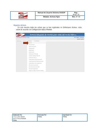 Manual de Usuario Sistema SIGESP
Módulo: Activos Fijos

Pág.:
48 de 81
Rev. Nº 00

Reportes Activos
En este muestra todos los activos que se han registrados en Definiciones Activos, estos
varían de acuerdo a la Configuración dada al Modulo

Elaborado Por:
T.S.U. Larry Liberón
A.D.S Teresa Andrade
Firma

Revisado Por :
Firma:

Aprobado Por:
Firma:

 
