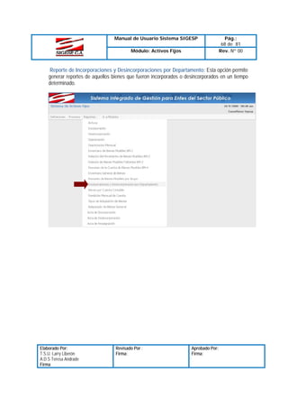 Manual de Usuario Sistema SIGESP
Módulo: Activos Fijos

Pág.:
68 de 81
Rev. Nº 00

Reporte de Incorporaciones y Desincorporaciones por Departamento: Esta opción permite
generar reportes de aquellos bienes que fueron incorporados o desincorporados en un tiempo
determinado.

Elaborado Por:
T.S.U. Larry Liberón
A.D.S Teresa Andrade
Firma

Revisado Por :
Firma:

Aprobado Por:
Firma:

 