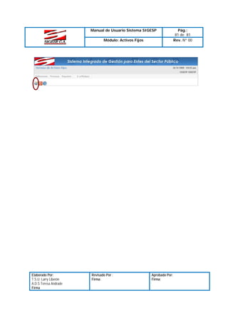 Manual de Usuario Sistema SIGESP
Módulo: Activos Fijos

Elaborado Por:
T.S.U. Larry Liberón
A.D.S Teresa Andrade
Firma

Revisado Por :
Firma:

Aprobado Por:
Firma:

Pág.:
81 de 81
Rev. Nº 00

 