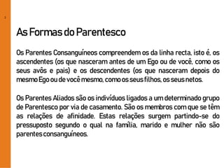 2
As Formas do Parentesco
Os Parentes Consanguíneos compreendem os da linha recta, isto é, os
ascendentes (os que nasceram antes de um Ego ou de você, como os
seus avôs e pais) e os descendentes (os que nasceram depois do
mesmoEgoou de vocêmesmo,comoos seusfilhos,os seusnetos.
Os Parentes Aliados são os indivíduos ligados a um determinado grupo
de Parentesco por via de casamento. São os membros com que se têm
as relações de afinidade. Estas relações surgem partindo-se do
pressuposto segundo o qual na família, marido e mulher não são
parentesconsanguíneos.
 