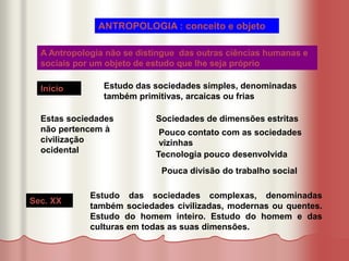 ANTROPOLOGIA : conceito e objeto
A Antropologia não se distingue das outras ciências humanas e
sociais por um objeto de estudo que lhe seja próprio
Inicio Estudo das sociedades simples, denominadas
também primitivas, arcaicas ou frias
Estas sociedades
não pertencem à
civilização
ocidental
Sociedades de dimensões estritas
Pouco contato com as sociedades
vizinhas
Tecnologia pouco desenvolvida
Pouca divisão do trabalho social
Sec. XX
Estudo das sociedades complexas, denominadas
também sociedades civilizadas, modernas ou quentes.
Estudo do homem inteiro. Estudo do homem e das
culturas em todas as suas dimensões.
 
