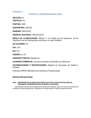 TRABAJO 7
                       PRODUCTO: DESPERDICIOS DE CEDA
SECCIÓN: XI.
CAPITULO: 50
PARTIDA: 5003
SUBPARTIDA: 5003.00
NANDINA: 5003.00.00
ARANCEL NACIONAL: 5003.00.00.00
REGLA DE CLASIFICACIÓN: REGLA 1 Los títulos de las Secciones, de los
Capítulos o de los Subcapítulos solo tienen un valor indicativo
AD VALOREM: 5%
IVA: 12%
ICE: 0%
FODINFA: 0, 5%
UNIDADES FÍSICAS: Kilogramos
ACUERDO COMERCIAL: No tiene acuerdos comerciales con Alemania.
AUTORIZACIONES Y RESTRICCIONES: Registro de Importador de Textiles y
Calzado.
Institución MIPRO (Ministerio de Industrias y Productividad).


NOTAS EXPLICATIVAS:

50.03   DESPERDICIOS DE SEDA (INCLUIDOS LOS CAPULLOS NO APTOS PARA EL
        DEVANADO, DESPERDICIOS DE HILADOS E HILACHAS).
    Esta partida comprende los desperdicios de seda de cualquier clase, así como los productos de
la hilatura de estos desperdicios, obtenidos en la fase anterior al hilado propiamente dicho.
 