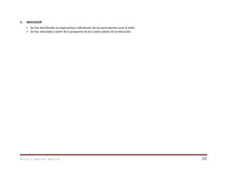 E.

INDICADOR



Se han identificado las expectativas individuales de los participantes ante el taller.
Se han articulado a partir de la propuesta de los cuatro pilares de la educación.

Ética y gestión pública

16

 