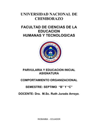 UNIVERSIDAD NACIONAL DE
CHIMBORAZO
FACULTAD DE CIENCIAS DE LA
EDUCACION
HUMANAS Y TECNOLOGICAS
PARVULARIA Y EDUCACION INICIAL
ASIGNATURA
COMPORTAMIENTO ORGANIZACIONAL
SEMESTRE: SEPTIMO “B” Y “C”
DOCENTE: Dra. M.Sc. Ruth Jurado Arroyo.
RIOBAMBA - ECUADOR
 