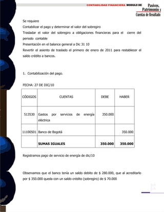 Se requiere
Contabilizar el pago y determinar el valor del sobregiro
Trasladar el valor del sobregiro a obligaciones financieras para el cierre del
periodo contable
Presentación en el balance general a Dic 31 10
Revertir el asiento de traslado el primero de enero de 2011 para restablecer el
saldo crédito a bancos.
1. Contabilización del pago.
FECHA: 27 DE DIC/10
CÓDIGOS CUENTAS DEBE HABER
513530 Gastos por servicios de energía
eléctrica
350.000
11100501 Banco de Bogotá 350.000
SUMAS IGUALES 350.000 350.000
Registramos pago de servicio de energía de dic/10
Observamos que el banco tenía un saldo debito de $ 280.000, que al acreditarlo
por $ 350.000 queda con un saldo crédito (sobregiro) de $ 70.000
 