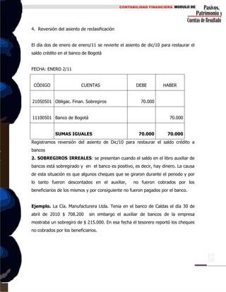 4. Reversión del asiento de reclasificación
El día dos de enero de enero/11 se revierte el asiento de dic/10 para restaurar el
saldo crédito en el banco de Bogotá
FECHA: ENERO 2/11
CÓDIGO CUENTAS DEBE HABER
21050501 Obligac. Finan. Sobregiros 70.000
11100501 Banco de Bogotá 70.000
SUMAS IGUALES 70.000 70.000
Registramos reversión del asiento de Dic/10 para restaurar el saldo crédito a
bancos
2. SOBREGIROS IRREALES: se presentan cuando el saldo en el libro auxiliar de
bancos está sobregirado y en el banco es positivo, es decir, hay dinero. La causa
de esta situación es que algunos cheques que se giraron durante el periodo y por
lo tanto fueron descontados en el auxiliar, no fueron cobrados por los
beneficiarios de los mismos y por consiguiente no fueron pagados por el banco.
Ejemplo. La Cía. Manufacturera Ltda. Tenia en el banco de Caldas el día 30 de
abril de 2010 $ 708.200 sin embargo el auxiliar de bancos de la empresa
mostraba un sobregiro de $ 215.000. En esa fecha el tesorero reportó los cheques
no cobrados por los beneficiarios.
 