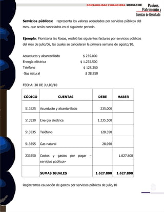 Servicios públicos: representa los valores adeudados por servicios públicos del
mes, que serán cancelados en el siguiente periodo.
Ejemplo: Floristería las Rosas, recibió las siguientes facturas por servicios públicos
del mes de julio/06, las cuales se cancelaran la primera semana de agosto/10.
Acueducto y alcantarillado $ 235.000
Energía eléctrica $ 1.235.500
Teléfono $ 128.350
Gas natural $ 28.950
FECHA: 30 DE JULIO/10
CÓDIGO CUENTAS DEBE HABER
513525 Acueducto y alcantarillado 235.000
513530 Energía eléctrica 1.235.500
513535 Teléfono 128.350
513555 Gas natural 28.950
233550 Costos y gastos por pagar –
servicios públicos-
1.627.800
SUMAS IGUALES 1.627.800 1.627.800
Registramos causación de gastos por servicios públicos de julio/10
 