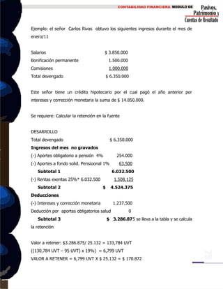 Ejemplo: el señor Carlos Rivas obtuvo los siguientes ingresos durante el mes de
enero/11
Salarios $ 3.850.000
Bonificación permanente 1.500.000
Comisiones 1.000.000
Total devengado $ 6.350.000
Este señor tiene un crédito hipotecario por el cual pagó el año anterior por
intereses y corrección monetaria la suma de $ 14.850.000.
Se requiere: Calcular la retención en la fuente
DESARROLLO
Total devengado $ 6.350.000
Ingresos del mes no gravados
(-) Aportes obligatorio a pensión 4% 254.000
(-) Aportes a fondo solid. Pensioonal 1% 63.500
Subtotal 1 6.032.500
(-) Rentas exentas 25%* 6.032.500 1.508.125
Subtotal 2 $ 4.524.375
Deducciones
(-) Intereses y corrección monetaria 1.237.500
Deducción por aportes obligatorios salud 0
Subtotal 3 $ 3.286.875 se lleva a la tabla y se calcula
la retención
Valor a retener: $3.286.875/ 25.132 = 133,784 UVT
((130,784 UVT – 95 UVT) x 19%) = 6,799 UVT
VALOR A RETENER = 6,799 UVT X $ 25.132 = $ 170.872
 