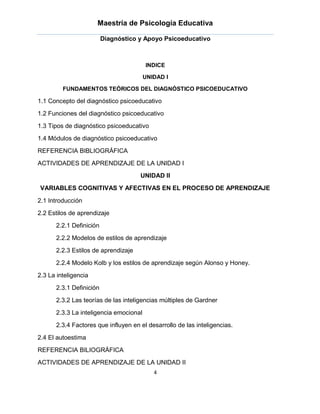 Maestría de Psicología Educativa

                         Diagnóstico y Apoyo Psicoeducativo



                                        INDICE

                                        UNIDAD I

         FUNDAMENTOS TEÓRICOS DEL DIAGNÓSTICO PSICOEDUCATIVO

1.1 Concepto del diagnóstico psicoeducativo
1.2 Funciones del diagnóstico psicoeducativo
1.3 Tipos de diagnóstico psicoeducativo
1.4 Módulos de diagnóstico psicoeducativo
REFERENCIA BIBLIOGRÁFICA
ACTIVIDADES DE APRENDIZAJE DE LA UNIDAD I
                                     UNIDAD II
VARIABLES COGNITIVAS Y AFECTIVAS EN EL PROCESO DE APRENDIZAJE

2.1 Introducción
2.2 Estilos de aprendizaje
      2.2.1 Definición
      2.2.2 Modelos de estilos de aprendizaje
      2.2.3 Estilos de aprendizaje
      2.2.4 Modelo Kolb y los estilos de aprendizaje según Alonso y Honey.
2.3 La inteligencia
      2.3.1 Definición
      2.3.2 Las teorías de las inteligencias múltiples de Gardner
      2.3.3 La inteligencia emocional
      2.3.4 Factores que influyen en el desarrollo de las inteligencias.
2.4 El autoestima
REFERENCIA BILIOGRÁFICA
ACTIVIDADES DE APRENDIZAJE DE LA UNIDAD II
                                           4
 