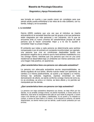 Maestría de Psicología Educativa

             Diagnóstico y Apoyo Psicoeducativo



  sea tomada en cuenta y que pueda crecer sin complejos para que
  siendo adulto pueda enfrentarse a los retos de la vida cotidiana, con su
  familia, trabajo y en la sociedad.

c. La sociedad

  García (2005) sostiene que una vez que el individuo se inserta
  activamente en la sociedad describe que los grupos a los que pertenece
  están integrados por más personas y van creciendo, con lo que se
  encuentra ante un nuevo universo de características propias de cada
  persona que le hacen conocerlas mejor y a la vez lo ayudan a
  consolidar mejor su propia imagen.

  El ambiente que rodea a cada persona es determinante para sentirse
  compensada o por el contrario en constante inconformidad, por ejemplo:
  una persona que viva en condiciones deplorables tendrá una
  percepción negativa de su entorno que lo hará sentirse insatisfecho a su
  vez consigo mismo; mientras que una persona que vive en una zona
  residencial se desarrollará bajo un ambiente con menos carencias y con
  una imagen más positiva, en apariencia.

  ¿Qué característica tiene una persona con adecuada autoestima?

  La persona con adecuada autoestima asume responsabilidades, se
  siente orgulloso de sus éxitos, afronta nuevas metas con optimismo, se
  cambia a sí misma positivamente, se quiere y se respeta a sí misma,
  rechaza las actitudes negativas, expresa sinceridad en toda
  demostración de afecto, se siente conforme consigo misma tal como es,
  no es envidiosa, se ama a sí misma, se tiene afecto y no permite ser
  manipulado por los demás.

  ¿Qué característica tiene una persona con baja autoestima?

  La persona con baja autoestima desprecia sus dones, se deja influir por los
  demás, no es amable consigo misma, se siente impotente, a veces actúa a la
  defensiva, dice tener la autoestima bien alta sin que nadie le pregunte, a veces
  culpa a los demás por sus faltas y debilidades, no se quiere y no respeta su
  cuerpo, a veces se hace daño a sí mismo, no le importa su entorno, se siente
  despreciado, se siente menos que los demás, suele buscar pretextos por sus
  errores.



                                  48
 
