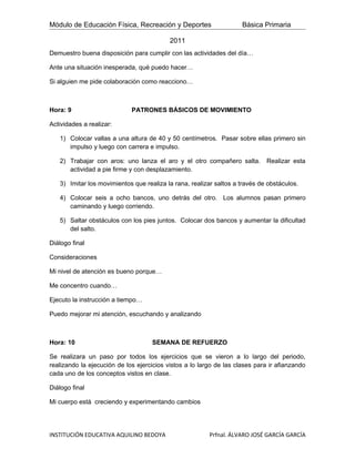 Módulo de Educación Física, Recreación y Deportes                    Básica Primaria

                                           2011
Demuestro buena disposición para cumplir con las actividades del día…

Ante una situación inesperada, qué puedo hacer…

Si alguien me pide colaboración como reacciono…



Hora: 9                      PATRONES BÁSICOS DE MOVIMIENTO

Actividades a realizar:

   1) Colocar vallas a una altura de 40 y 50 centímetros. Pasar sobre ellas primero sin
      impulso y luego con carrera e impulso.

   2) Trabajar con aros: uno lanza el aro y el otro compañero salta.          Realizar esta
      actividad a pie firme y con desplazamiento.

   3) Imitar los movimientos que realiza la rana, realizar saltos a través de obstáculos.

   4) Colocar seis a ocho bancos, uno detrás del otro. Los alumnos pasan primero
      caminando y luego corriendo.

   5) Saltar obstáculos con los pies juntos. Colocar dos bancos y aumentar la dificultad
      del salto.

Diálogo final

Consideraciones

Mi nivel de atención es bueno porque…

Me concentro cuando…

Ejecuto la instrucción a tiempo…

Puedo mejorar mi atención, escuchando y analizando



Hora: 10                            SEMANA DE REFUERZO

Se realizara un paso por todos los ejercicios que se vieron a lo largo del periodo,
realizando la ejecución de los ejercicios vistos a lo largo de las clases para ir afianzando
cada uno de los conceptos vistos en clase.

Diálogo final

Mi cuerpo está creciendo y experimentando cambios




INSTITUCIÓN EDUCATIVA AQUILINO BEDOYA                    Prfnal. ÁLVARO JOSÉ GARCÍA GARCÍA
 