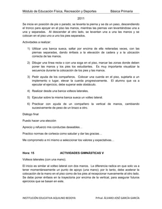 Módulo de Educación Física, Recreación y Deportes                   Básica Primaria

                                          2011
Se inicia en posición de pie o parado; se levanta la pierna y se da un paso, descendiendo
el tronco para apoyar en el piso las manos, mientras las piernas van levantándose una a
una y separadas. Al descender al otro lado, se levantan una a una las manos y se
colocan en el piso uno a uno los pies separados.

Actividades a realizar:

   1) Utilizar una banca sueca, saltar por encima de ella reiteradas veces, con las
      piernas separadas, dando énfasis a la elevación de cadera y a la ubicación
      correcta de las manos.

   2) Dibujar una línea recta o con una soga en el piso, marcar las zonas donde deben
      poner las manos y los pies los estudiantes. Es muy importante visualizar la
      secuencia durante la colocación de los pies y las manos.

   3) Pedir ayuda de los compañeros. Colocar una cuerda en el piso, sujetarla a un
      implemento o lugar, elevar la cuerda progresivamente. El alumno que va a
      ejecutar el ejercicio, debe superar este obstáculo.

   4) Realizar desde una banca volteos laterales.

   5) Ejecutar sobre la misma banca sueca un volteo lateral.

   6) Practicar con ayuda de un compañero la vertical de manos, cambiando
      sucesivamente de peso de un brazo a otro.

Diálogo final

Puedo hacer una elección

Aprecio y refuerzo mis conductas deseables…

Practico normas de cortesía como saludar y dar las gracias…

Me comprometo a mí mismo a seleccionar los valores y expectativas…



Hora: 15                     ACTIVIDADES GIMNÁSTICAS V

Volteos laterales (con una mano).

El inicio es similar al volteo lateral con dos manos. La diferencia radica en que solo va a
tener momentáneamente un punto de apoyo (una mano); por lo tanto, debe acelerar la
colocación de la mano en el piso como de los pies al recepcionar nuevamente al otro lado.
Se debe poner énfasis en la trayectoria por encima de la vertical, para asegurar futuros
ejercicios que se basan en este.




INSTITUCIÓN EDUCATIVA AQUILINO BEDOYA                   Prfnal. ÁLVARO JOSÉ GARCÍA GARCÍA
 
