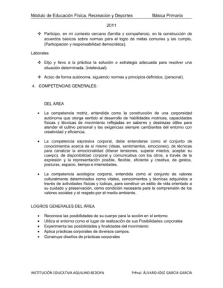 Módulo de Educación Física, Recreación y Deportes                    Básica Primaria

                                          2011
    Participo, en mi contexto cercano (familia y compañeros), en la construcción de
     acuerdos básicos sobre normas para el logro de metas comunes y las cumplo,
     (Participación y responsabilidad democrática).

Laborales

    Elijo y llevo a la práctica la solución o estrategia adecuada para resolver una
     situación determinada, (intelectual).

    Actúo de forma autónoma, siguiendo normas y principios definidos, (personal).

4. COMPETENCIAS GENERALES:



       DEL ÁREA

   •   La competencia motriz, entendida como la construcción de una corporeidad
       autónoma que otorga sentido al desarrollo de habilidades motrices, capacidades
       físicas y técnicas de movimiento reflejadas en saberes y destrezas útiles para
       atender el cultivo personal y las exigencias siempre cambiantes del entorno con
       creatividad y eficiencia.

   •   La competencia expresiva corporal, debe entenderse como el conjunto de
       conocimientos acerca de sí mismo (ideas, sentimientos, emociones), de técnicas
       para canalizar la emocionalidad (liberar tensiones, superar miedos, aceptar su
       cuerpo), de disponibilidad corporal y comunicativa con los otros, a través de la
       expresión y la representación posible, flexible, eficiente y creativa, de gestos,
       posturas, espacio, tiempo e intensidades.

   •   La competencia axiológica corporal, entendida como el conjunto de valores
       culturalmente determinados como vitales, conocimientos y técnicas adquiridos a
       través de actividades físicas y lúdicas, para construir un estilo de vida orientado a
       su cuidado y preservación, como condición necesaria para la comprensión de los
       valores sociales y el respeto por el medio ambiente.


LOGROS GENERALES DEL ÁREA

   •   Reconoce las posibilidades de su cuerpo para la acción en el entorno
   •   Utiliza el entorno como el lugar de realización de sus Posibilidades corporales
   •   Experimenta las posibilidades y finalidades del movimiento
   •   Aplica prácticas corporales de diversos campos.
   •   Construye diseños de prácticas corporales




INSTITUCIÓN EDUCATIVA AQUILINO BEDOYA                    Prfnal. ÁLVARO JOSÉ GARCÍA GARCÍA
 