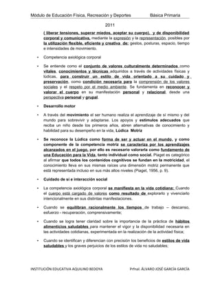 Módulo de Educación Física, Recreación y Deportes                  Básica Primaria

                                          2011
       ( liberar tensiones, superar miedos, aceptar su cuerpo), y de disponibilidad
       corporal y comunicativa, mediante la expresión y la representación, posibles por
       la utilización flexible, eficiente y creativa de: gestos, posturas, espacio, tiempo
       e intensidades de movimiento.

   •   Competencia axiológica corporal

   •   Se entiende como el conjunto de valores culturalmente determinados como
       vitales, conocimientos y técnicas adquiridos a través de actividades físicas y
       lúdicas, para construir un estilo de vida orientado a su cuidado y
       preservación, como condición necesaria para la comprensión de los valores
       sociales y el respeto por el medio ambiente. Se fundamenta en reconocer y
       valorar el cuerpo en su manifestación personal y relacional, desde una
       perspectiva personal y grupal.

   •   Desarrollo motor

   •   A través del movimiento el ser humano realiza el aprendizaje de sí mismo y del
       mundo para sobrevivir y adaptarse. Los apoyos y estímulos adecuados que
       reciba un niño desde los primeros años, abren alternativas de conocimiento y
       habilidad para su desempeño en la vida, Lúdica Motriz

   •   Se reconoce la Lúdica como forma de ser y actuar en el mundo, y como
       componente de la competencia motriz se caracteriza por los aprendizajes
       alcanzados en el juego, por ello es necesario valorarla como fundamento de
       una Educación para la Vida, tanto individual como social. Piaget es categórico
       al afirmar que todos los contenidos cognitivos se fundan en la motricidad, el
       conocimiento lleva en sus mismas raíces una dimensión motriz permanente que
       está representada incluso en sus más altos niveles (Piaget, 1956, p. 9).

   •   Cuidado de sí e interacción social

   •   La competencia axiológica corporal se manifiesta en la vida cotidiana: Cuando
       el cuerpo está cargado de valores como resultado de explorarlo y vivenciarlo
       intencionalmente en sus distintas manifestaciones.

   •   Cuando se equilibran racionalmente los tiempos de trabajo – descanso,
       esfuerzo - recuperación, comprensivamente;

   •   Cuando se logra tener claridad sobre la importancia de la práctica de hábitos
       alimenticios saludables para mantener el vigor y la disponibilidad necesaria en
       las actividades cotidianas, experimentada en la realización de la actividad física;

   •   Cuando se identifican y diferencian con precisión los beneficios de estilos de vida
       saludables y los graves perjuicios de los estilos de vida no saludables;




INSTITUCIÓN EDUCATIVA AQUILINO BEDOYA                   Prfnal. ÁLVARO JOSÉ GARCÍA GARCÍA
 