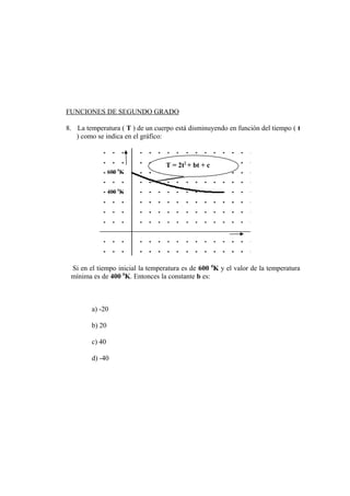 FUNCIONES DE SEGUNDO GRADO
8. La temperatura ( T ) de un cuerpo está disminuyendo en función del tiempo ( t
) como se indica en el gráfico:
Si en el tiempo inicial la temperatura es de 600 0
K y el valor de la temperatura
mínima es de 400 0
K. Entonces la constante b es:
a) -20
b) 20
c) 40
d) -40
600 0
K
400 0
K
T = 2t2
+ bt + c
 