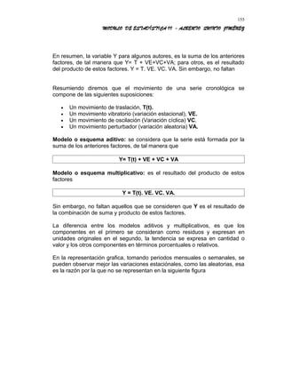 MODULO DE ESTADÍSTICA II - ALBERTO QUINTO JIMÉNEZ
En resumen, la variable Y para algunos autores, es la suma de los anteriores
factores, de tal manera que Y= T + VE+VC+VA; para otros, es el resultado
del producto de estos factores. Y = T. VE. VC. VA. Sin embargo, no faltan
Resumiendo diremos que el movimiento de una serie cronológica se
compone de las siguientes suposiciones:
• Un movimiento de traslación, T(t).
• Un movimiento vibratorio (variación estacional), VE.
• Un movimiento de oscilación (Variación cíclica) VC.
• Un movimiento perturbador (variación aleatoria) VA.
Modelo o esquema aditivo: se considera que la serie está formada por la
suma de los anteriores factores, de tal manera que
Y= T(t) + VE + VC + VA
Modelo o esquema multiplicativo: es el resultado del producto de estos
factores
Y = T(t). VE. VC. VA.
Sin embargo, no faltan aquellos que se consideren que Y es el resultado de
la combinación de suma y producto de estos factores.
La diferencia entre los modelos aditivos y multiplicativos, es que los
componentes en el primero se consideran como residuos y expresan en
unidades originales en el segundo, la tendencia se expresa en cantidad o
valor y los otros componentes en términos porcentuales o relativos.
En la representación grafica, tomando periodos mensuales o semanales, se
pueden observar mejor las variaciones estaciónales, como las aleatorias, esa
es la razón por la que no se representan en la siguiente figura
155
 