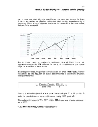 MODULO DE ESTADÍSTICA II - ALBERTO QUINTO JIMÉNEZ
de Y para ese año. Algunos consideran que una vez trazada la línea
(cuando es recta), se pueden determinar dos puntos, especialmente el
primero y último y luego, obtener una ecuación matemática para que refleje
la línea de la tendencia.
1998 1999 2000 2001 2002 2003 2004 2005
En el primer caso, la producción estimada para el 2005 podría ser
aproximadamente de 174 millones de pesos, si consideramos que puede
bajar de acuerdo a la experiencia.
En el segundo caso, los puntos se localizan en los años 1998 y 2002. Siendo
los valores de 50 y 150, con los cuales determinamos el crecimiento anual en
la siguiente forma:
=b 25
4
50150
19982002
º1º2
=
−
=
−
− puntopunto
Siendo la ecuación general Y = b x + c, se tendrá que: Y* = 25 x + 50. El
valor de x será el tiempo transcurrido entre 1998 y 2005, igual a 7.
Reemplazando tenemos Y* = 25(7) + 50 = 225 el cual será el valor estimado
en el 2005.
4.3.2 Método de los puntos seleccionados.
158
 