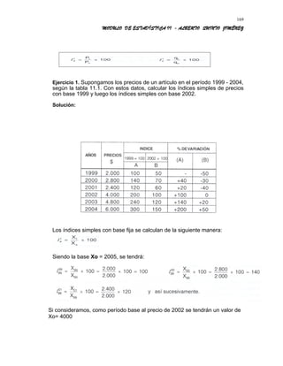 MODULO DE ESTADÍSTICA II - ALBERTO QUINTO JIMÉNEZ
Ejercicio 1. Supongamos los precios de un artículo en el período 1999 - 2004,
según la tabla 11.1. Con estos datos, calcular los índices simples de precios
con base 1999 y luego los índices simples con base 2002.
Solución:
Los índices simples con base fija se calculan de la siguiente manera:
Siendo la base Xo = 2005, se tendrá:
Si consideramos, como período base al precio de 2002 se tendrán un valor de
Xo= 4000
169
 