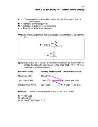 MODULO DE ESTADÍSTICA II - ALBERTO QUINTO JIMÉNEZ
t = Tiempo que media entre el momento inicial y el momento final de
observación
N1 = Población al final del período
N0 = Población inicial o en el momento cero
e = Base de los logaritmos naturales.
Mediante manejo algebraico las dos expresiones anteriores se transforman
en:
r = antilog
log 1
0
1
N
N
t
−
r =
ln 1
0
N
N
t
Ejemplo: El cálculo de la tasa de crecimiento intercensal de acuerdo con los
censos de población colombiana en los años 1951, 1964 y 1973 se
realiza de la siguiente manera :
Fecha del censo Número de Habitantes Período intercensal
Mayo 9 de 1.951 11.548.172
Julio 15 de 1.964 17.484.508 13 años y 66 días
Octubre 24 de 1.973 22.915.229 9 años y 99 días
Fórmula 1: Tasa de crecimiento para el período de 1.951 - 1.964
N1 = 17.484.508
N0 =11.548.172
t = 13,18 AÑOS (66/360 = 0.18)
197
 