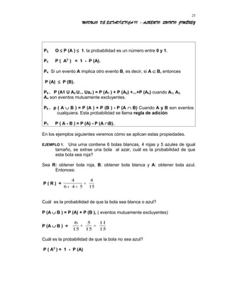 MODULO DE ESTADÍSTICA II - ALBERTO QUINTO JIMÉNEZ
P2. O ≤ P (A ) ≤ 1. la probabilidad es un número entre 0 y 1.
P3 P ( AC
) = 1 - P (A).
P4 . Si un evento A implica otro evento B, es decir, si A ⊂ B, entonces
P (A) ≤ P (B).
P5 . P (A1 U A2 U... Uan ) = P (A1 ) + P (A2) +...+P (An) cuando A1, A2,
An son eventos mutuamente excluyentes.
P6 . p ( A ∪ B ) = P (A ) + P (B ) - P (A ∩ B) Cuando A y B son eventos
cualquiera. Esta probabilidad se llama regla de adición
P7. P ( A - B ) = P (A) - P (A ∩B).
En los ejemplos siguientes veremos cómo se aplican estas propiedades.
EJEMPLO 1. Una urna contiene 6 bolas blancas, 4 rojas y 5 azules de igual
tamaño, se extrae una bola al azar, cuál es la probabilidad de que
esta bola sea roja?
Sea R: obtener bola roja, B: obtener bola blanca y A: obtener bola azul.
Entonces:
P ( R ) =
4
6 4 5
4
15+ +
=
Cuál es la probabilidad de que la bola sea blanca o azul?
P (A ∪ B ) = P (A) + P (B ), ( eventos mutuamente excluyentes)
P (A ∪ B ) =
6
15
5
15
11
15
+ =
Cuál es la probabilidad de que la bola no sea azul?
P ( AC
) = 1 - P (A)
25
 