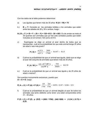 MODULO DE ESTADÍSTICA II - ALBERTO QUINTO JIMÉNEZ
Con los datos de la tabla podemos determinar:
a) Las águilas que tienen más de 35 años: N (A ∩ W) = 75
b.) B ∪ Y, Consiste en los animales búfalos o los animales que están
entre las edades de 26 y 30 o ambos, luego :
N ( B ∪ Y ) = B + Y - ( B ∩ Y) = 120 +513 - 30 = 603. Es de anotar se resto el
30 quienes son animales que ya han sido contados puesto que están
incluidos en el número 120 como el 513.
c) Supóngase se elige un animal al azar dentro de todos que se
representan, cuál es la probabilidad de que este animal tenga 25 años
de edad o sea más joven?
P ( X) =
n X
n U
( )
( )
. .= = =
260
1766
0147 015
d) Cuál es la probabilidad de que un animal sea águila, dado que se elige
al azar del conjunto de animales que tienen más de 35 años.
P ( A / W ) =
n A W
n W
( )
( )
.

= =
75
385
019
e.) Cuál es la probabilidad de que un animal sea águila y de 25 años de
edad o menos?.
Son eventos mutuamente exclusivos, puesto que:
A ∩ X = O, luego:
P( A ∪ X ) = P (A) + P (X) =
105
1766
260
1766
0059 0147 0206 021+ = + = =. . . .
f) Cuál es la probabilidad de que un animal elegido al azar de todos los
animales sea tanto elefante como tener una edad comprendida entre
31 - 35 años
P (E ∩ Z ) = P (Z) . p (E/Z) = (608 / 1766) . (442 /608) = ( 0.34 ) ( 0.73) =
0.25
30
 