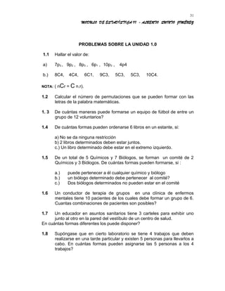 MODULO DE ESTADÍSTICA II - ALBERTO QUINTO JIMÉNEZ
PROBLEMAS SOBRE LA UNIDAD 1.0
1.1 Hallar el valor de:
a) 7p3 , 9p2 , 8p3 , 6p1 , 10p3 , 4p4
b.) 8C4, 4C4, 6C1, 9C3, 5C3, 5C3, 10C4.
NOTA: ( nCr = C n.r).
1.2 Calcular el número de permutaciones que se pueden formar con las
letras de la palabra matemáticas.
1. 3 De cuántas maneras puede formarse un equipo de fútbol de entre un
grupo de 12 voluntarios?
1.4 De cuántas formas pueden ordenarse 6 libros en un estante, si:
a) No se da ninguna restricción
b) 2 libros determinados deben estar juntos.
c.) Un libro determinado debe estar en el extremo izquierdo.
1.5 De un total de 5 Químicos y 7 Biólogos, se forman un comité de 2
Químicos y 3 Biólogos. De cuántas formas pueden formarse, si :
a.) puede pertenecer a él cualquier químico y biólogo
b.) un biólogo determinado debe pertenecer al comité?
c.) Dos biólogos determinados no pueden estar en el comité
1.6 Un conductor de terapia de grupos en una clínica de enfermos
mentales tiene 10 pacientes de los cuales debe formar un grupo de 6.
Cuantas combinaciones de pacientes son posibles?
1.7 Un educador en asuntos sanitarios tiene 3 carteles para exhibir uno
junto al otro en la pared del vestíbulo de un centro de salud.
En cuántas formas diferentes los puede disponer?
1.8 Supóngase que en cierto laboratorio se tiene 4 trabajos que deben
realizarse en una tarde particular y existen 5 personas para llevarlos a
cabo. En cuántas formas pueden asignarse las 5 personas a los 4
trabajos?
31
 