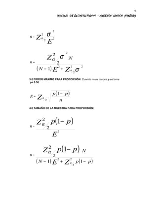 MODULO DE ESTADÍSTICA II - ALBERTO QUINTO JIMÉNEZ
n =
E
Z 2
2
2
2
σα
n =
( ) σ
σ
α
α
22
2
2
2
1
2
2
ZE
Z
N
N
+−
3.0 ERROR MAXIMO PARA PROPORSIÓN: Cuando no se conoce p se toma
p= 0.50
E =
( )
n
pp
Z
−1
2
α
4.0 TAMAÑO DE LA MUESTRA PARA PROPORSIÓN:
n =
( )
E
ppZ
2
12
2
−α
n =
( )
( ) ( )ppN
N
ZE
ppZ
−+−
−
11
2
2
2
2
2
1
α
α
73
 