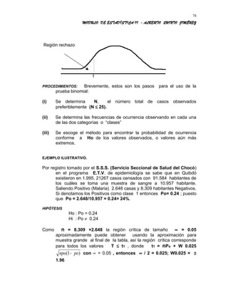 MODULO DE ESTADÍSTICA II - ALBERTO QUINTO JIMÉNEZ
Región rechazo
t
PROCEDIMIENTOS: Brevemente, estos son los pasos para el uso de la
prueba binomial:
(i) Se determina N, el número total de casos observados
preferiblemente (N ≤ 25).
(ii) Se determina las frecuencias de ocurrencia observando en cada una
de las dos categorías o “clases”
(iii) Se escoge el método para encontrar la probabilidad de ocurrencia
conforme a Ho de los valores observados, o valores aún más
extremos.
EJEMPLO ILUSTRATIVO.
Por registro tomado por el S.S.S. (Servicio Seccional de Salud del Chocó)
en el programa E.T.V. de epidemiología se sabe que en Quibdó
existieron en 1.995, 21267 casos censados con 91.584 habitantes de
los cuáles se toma una muestra de sangre a 10.957 habitante.
Saliendo Positivo (Malaria) 2.648 casas y 8.309 habitantes Negativos.
Si denotamos los Positivos como clase 1 entonces Po= 0.24 ; puesto
que Po = 2.648/10.957 = 0.24= 24%.
HIPÓTESIS
Ho : Po = 0.24
Hi : Po ≠ 0.24
Como n = 8.309 +2.648 la región crítica de tamaño ∝ = 0.05
aproximadamente puede obtener usando la aproximación para
muestra grande al final de la tabla, así la región crítica corresponde
para todos los valores T ≤ t1 , donde t1 = nPo + W 0.025
npo po( )1− con ∝ = 0.05 , entonces ∝ / 2 = 0.025; W0.025 = ±
1.96
78
 