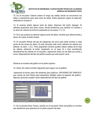 INSTITUTO DE ENSEÑANZA Y CAPACITACIÓN TÉCNICA DE LA SABANA
                                                  MÓDULO DE MICROSOFT EXCEL

12. En el recuadro Valores estará el rango de celdas donde se encuentran los
datos a representar para esta serie de datos. Éstos aparecen según la selección
realizada en el paso 8.

13. Si quieres añadir alguna serie de datos, dispones del botón Agregar. Al
utilizarlo aparecerá otra serie nueva, donde tendremos que cambiar su nombre y
su serie de valores de la forma explicada en los pasos 11 y 12.

14. Si lo que quieres es eliminar alguna serie de datos, tendrás que seleccionarla y
hacer clic sobre el botón Quitar.

15. El recuadro Rótulo del eje de categorías (X) sirve para darle nombre a cada
punto de las series de datos. Si este recuadro está vacío utilizará los valores por
defecto, es decir, 1,2,3.. Para asignarles nombre puedes utilizar celdas de la hoja
de cálculo utilizando el botón (explicado en el paso 8) o bien escribiendo
directamente los valores en el recuadro, separando cada uno de ellos por punto y
coma. Dependiendo del tipo de gráfico puede que esta opción varíe.



Observa la muestra del gráfico en la parte superior.

16. Hacer clic sobre el botón Siguiente para seguir con el gráfico.

 Aparecerá el tercer paso del asistente para gráficos: OPCIONES DE GRÁFICO,
que consta de seis fichas para especificar detalles sobre el aspecto del gráfico.
Algunas opciones pueden variar dependiendo del tipo de gráfico.




                                                                                        109

17. En la primera ficha Títulos, escribir en el recuadro Título del gráfico el nombre
que deseamos que aparezca en la parte superior de éste.
 
