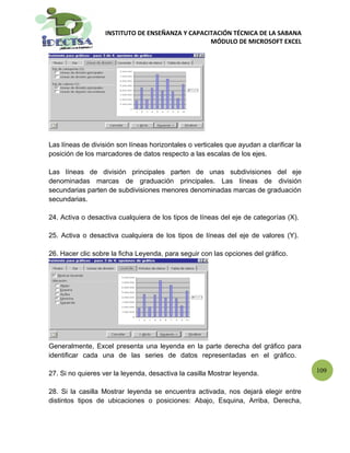 INSTITUTO DE ENSEÑANZA Y CAPACITACIÓN TÉCNICA DE LA SABANA
                                                  MÓDULO DE MICROSOFT EXCEL




Las líneas de división son líneas horizontales o verticales que ayudan a clarificar la
posición de los marcadores de datos respecto a las escalas de los ejes.

Las líneas de división principales parten de unas subdivisiones del eje
denominadas marcas de graduación principales. Las líneas de división
secundarias parten de subdivisiones menores denominadas marcas de graduación
secundarias.

24. Activa o desactiva cualquiera de los tipos de líneas del eje de categorías (X).

25. Activa o desactiva cualquiera de los tipos de líneas del eje de valores (Y).

26. Hacer clic sobre la ficha Leyenda, para seguir con las opciones del gráfico.




Generalmente, Excel presenta una leyenda en la parte derecha del gráfico para
identificar cada una de las series de datos representadas en el gráfico.

27. Si no quieres ver la leyenda, desactiva la casilla Mostrar leyenda.                  109


28. Si la casilla Mostrar leyenda se encuentra activada, nos dejará elegir entre
distintos tipos de ubicaciones o posiciones: Abajo, Esquina, Arriba, Derecha,
 
