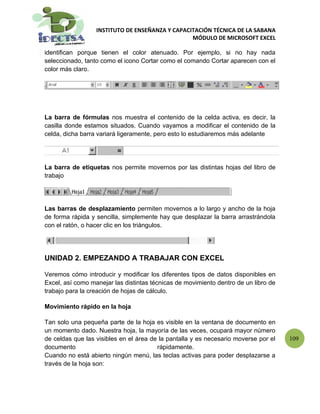 INSTITUTO DE ENSEÑANZA Y CAPACITACIÓN TÉCNICA DE LA SABANA
                                                 MÓDULO DE MICROSOFT EXCEL

identifican porque tienen el color atenuado. Por ejemplo, si no hay nada
seleccionado, tanto como el icono Cortar como el comando Cortar aparecen con el
color más claro.




La barra de fórmulas nos muestra el contenido de la celda activa, es decir, la
casilla donde estamos situados. Cuando vayamos a modificar el contenido de la
celda, dicha barra variará ligeramente, pero esto lo estudiaremos más adelante




La barra de etiquetas nos permite movernos por las distintas hojas del libro de
trabajo




Las barras de desplazamiento permiten movernos a lo largo y ancho de la hoja
de forma rápida y sencilla, simplemente hay que desplazar la barra arrastrándola
con el ratón, o hacer clic en los triángulos.




UNIDAD 2. EMPEZANDO A TRABAJAR CON EXCEL

Veremos cómo introducir y modificar los diferentes tipos de datos disponibles en
Excel, así como manejar las distintas técnicas de movimiento dentro de un libro de
trabajo para la creación de hojas de cálculo.

Movimiento rápido en la hoja

Tan solo una pequeña parte de la hoja es visible en la ventana de documento en
un momento dado. Nuestra hoja, la mayoría de las veces, ocupará mayor número
de celdas que las visibles en el área de la pantalla y es necesario moverse por el   109
documento                               rápidamente.
Cuando no está abierto ningún menú, las teclas activas para poder desplazarse a
través de la hoja son:
 