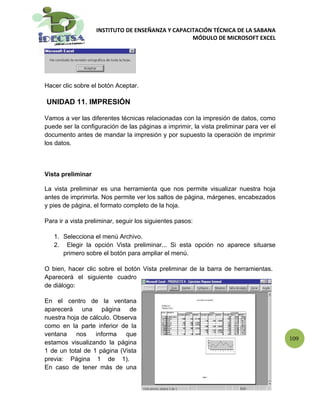 INSTITUTO DE ENSEÑANZA Y CAPACITACIÓN TÉCNICA DE LA SABANA
                                                  MÓDULO DE MICROSOFT EXCEL




Hacer clic sobre el botón Aceptar.

UNIDAD 11. IMPRESIÓN

Vamos a ver las diferentes técnicas relacionadas con la impresión de datos, como
puede ser la configuración de las páginas a imprimir, la vista preliminar para ver el
documento antes de mandar la impresión y por supuesto la operación de imprimir
los datos.



Vista preliminar

La vista preliminar es una herramienta que nos permite visualizar nuestra hoja
antes de imprimirla. Nos permite ver los saltos de página, márgenes, encabezados
y pies de página, el formato completo de la hoja.

Para ir a vista preliminar, seguir los siguientes pasos:

   1. Selecciona el menú Archivo.
   2. Elegir la opción Vista preliminar... Si esta opción no aparece situarse
      primero sobre el botón para ampliar el menú.

O bien, hacer clic sobre el botón Vista preliminar de la barra de herramientas.
Aparecerá el siguiente cuadro
de diálogo:

En el centro de la ventana
aparecerá una página de
nuestra hoja de cálculo. Observa
como en la parte inferior de la
ventana    nos    informa   que
                                                                                        109
estamos visualizando la página
1 de un total de 1 página (Vista
previa: Página 1 de 1).
En caso de tener más de una
 