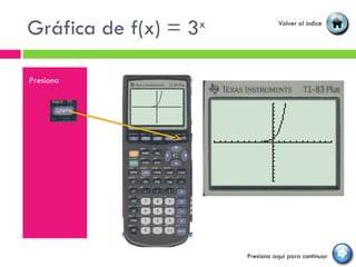 Gráfica de f(x) = 3 x Presiona Volver al índice Presiona aquí para continuar 