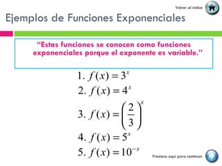 Ejemplos de Funciones Exponenciales “ Estas funciones se conocen como funciones exponenciales porque el exponente es variable.” Volver al índice Presiona aquí para continuar 