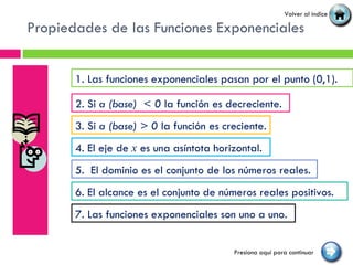 Propiedades de las Funciones Exponenciales 1. Las funciones exponenciales pasan por el punto (0,1). 5.  El dominio es el conjunto de los números reales. 4. El eje de  x  es una asíntota horizontal. 2. Si  a (base)  < 0  la función es decreciente. 3. Si  a (base) > 0  la función es creciente. 7. Las funciones exponenciales son uno a uno. 6. El alcance es el conjunto de números reales positivos. Volver al índice Presiona aquí para continuar 