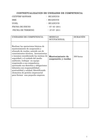 CONTEXTUALIZACION DE UNIDADES DE COMPETENCIA
CETPTRP KOTOSH                   : HUANUCO
DRE                              : HUANUCO
UGEL                              : HUANUCO
FECHA DE INICIO                    : 07- 03 -2011
FECHA DE TERMINO                   : 27-07- 2011


UNIDADES DE COMPETENCIA             MODULO                   DURACIÓN
                                    OCUPACIONAL


Realizar las operaciones básicas de
mantenimiento de suspensión y
alineado de ruedas, asiendo uso de
conocimientos técnicos, herramientas
e insumos considerando las normas de Mantenimiento de        300 horas
seguridad y el cuidado del medio       suspensión y ruedas
ambiente, trabajar en equipo
respetando a sus compañeros,
ejerciendo sus derechos y obligaciones
laborales con responsabilidad ,
puntualidad y calidad, Identificando
elementos de gestión empresarial
para formar una pequeña empresa.




                                                                         1
 