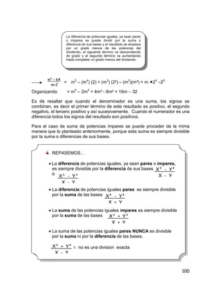 100
= m5
– (m4
) (2) + (m3
) (2²) – (m2
)(m³) + m 24
–25
Organizando = m5
– 2m4
+ 4m³ - 8m² + 16m – 32
Es de resaltar que cuando el denominador es una suma, los signos se
combinan, es decir el primer término de este resultado es positivo, el segundo
negativo, el tercero positivo y así sucesivamente. Cuando el numerador es una
diferencia todos los signos del resultado son positivos.
Para el caso de suma de potencias impares se puede proceder de la mima
manera que lo planteado anteriormente, porque esta suma es siempre divisible
por la suma o diferencias de sus bases.
REPASEMOS…
 La diferencia de potencias iguales, ya sean pares o impares,
es siempre divisible por la diferencia de sus bases
ó
 La diferencia de potencias iguales pares es siempre divisible
por la suma de las bases
 La suma de las potencias iguales impares es siempre divisible
por la suma de las bases
 La suma de las potencias iguales pares NUNCA es divisible
por la suma ni por la diferencia de las bases.
= no es una division exacta
X² - Y²
X - YX³ - Y³
X - Y
X² - Y²
X + Y
X³ + Y³
X + Y
X² + Y²
X - Y
La diferencia de potencias iguales, ya sean pares
o impares se puede dividir por la suma o
diferencia de sus bases y el resultado se empieza
por un grado menos de las potencias del
dividendo, el siguiente término va descendiendo
de grado y el segundo término va aumentando
hasta completar un grado menos del dividendo.
m6
– 64
m+2
 