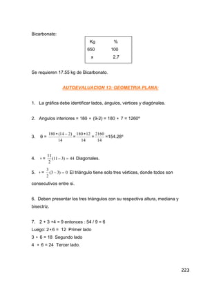 223
Bicarbonato:
Kg %
650 100
x 2.7
Se requieren 17.55 kg de Bicarbonato.
AUTOEVALUACION 13: GEOMETRIA PLANA:
1. La gráfica debe identificar lados, ángulos, vértices y diagónales.
2. Angulos interiores = 180  (9-2) = 180  7 = 1260º
3. è =
14
)214(180 
=
14
12180
=
14
2160
=154.28º
4. ‫؝‬ = 44)311(
2
11
 Diagonales.
5. ‫؝‬ = 0)33(
2
3
 El triángulo tiene solo tres vértices, donde todos son
consecutivos entre si.
6. Deben presentar los tres triángulos con su respectiva altura, mediana y
bisectriz.
7. 2 + 3 +4 = 9 entonces : 54 / 9 = 6
Luego: 2 6 = 12 Primer lado
3  6 = 18 Segundo lado
4  6 = 24 Tercer lado.
 
