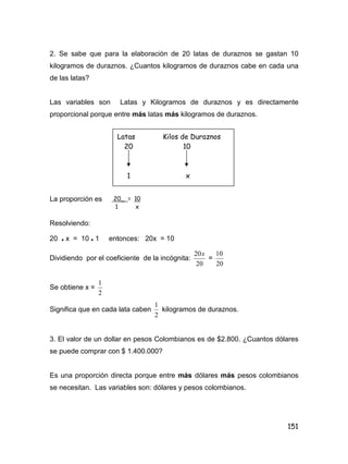 151
2. Se sabe que para la elaboración de 20 latas de duraznos se gastan 10
kilogramos de duraznos. ¿Cuantos kilogramos de duraznos cabe en cada una
de las latas?
Las variables son Latas y Kilogramos de duraznos y es directamente
proporcional porque entre más latas más kilogramos de duraznos.
La proporción es
Resolviendo:
20 • x = 10 • 1 entonces: 20x = 10
Dividiendo por el coeficiente de la incógnita:
20
20x
=
20
10
Se obtiene x =
2
1
Significa que en cada lata caben
2
1
kilogramos de duraznos.
3. El valor de un dollar en pesos Colombianos es de $2.800. ¿Cuantos dólares
se puede comprar con $ 1.400.000?
Es una proporción directa porque entre más dólares más pesos colombianos
se necesitan. Las variables son: dólares y pesos colombianos.
Latas Kilos de Duraznos
20 10
1 x
20_ = 10
1 x
 