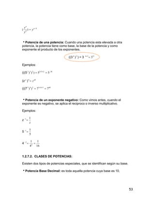 53
(
ba
b
a
y
y
y 
)
Potencia de una potencia: Cuando una potencia esta elevada a otra
potencia, la potencia tiene como base, la base de la potencia y como
exponente el producto de los exponentes.
((3 4
)3
) = 3 1234
3
Ejemplos:
(((5 55))) 253253
  30
(z a
) abb
z
(((7 60345345
77))  
Potencia de un exponente negativo: Como vimos antes, cuando el
exponente es negativo, se aplica el reciproco o inverso multiplicativo.
Ejemplos:
z
z
11

5
5
11

4
16
1
4
1
2
2

1.2.7.2. CLASES DE POTENCIAS:
Existen dos tipos de potencias especiales, que se identifican según su base.
Potencia Base Decimal: es toda aquella potencia cuya base es 10.
 