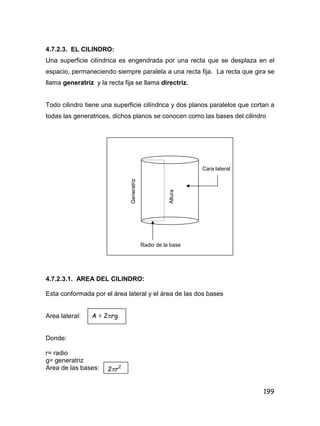 199
4.7.2.3. EL CILINDRO:
Una superficie cilíndrica es engendrada por una recta que se desplaza en el
espacio, permaneciendo siempre paralela a una recta fija. La recta que gira se
llama generatriz y la recta fija se llama directriz.
Todo cilindro tiene una superficie cilíndrica y dos planos paralelos que cortan a
todas las generatrices, dichos planos se conocen como las bases del cilindro
4.7.2.3.1. AREA DEL CILINDRO:
Esta conformada por el área lateral y el área de las dos bases
Area lateral:
Donde:
r= radio
g= generatriz
Area de las bases:
A = 2rg
2r2
Generatriz
Altura Cara lateral
Radio de la base
 