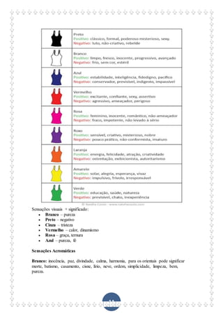 11
Sensações visuais + significado:
 Branco – pureza
 Preto – negativo
 Cinza – tristeza
 Vermelho – calor, dinamismo
 Rosa – graça, ternura
 Azul – pureza, fé
Sensações Acromáticas
Branco: inocência, paz, divindade, calma, harmonia, para os orientais pode significar
morte, batismo, casamento, cisne, lírio, neve, ordem, simplicidade, limpeza, bem,
pureza.
 