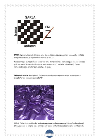 134
SARJA: A principal característicada sarja sãoas diagonaisque podemserobservadasemtoda
a largura do tecido.Elaspodemterdireção“S” ou “Z”.
Nessaarmação os fiostemque passarpor cima de no mínimo2 tramasseguidase por baixoda
próximatrama. A maissimplesdassarjaspossui curso3 (2 tomadase 1 deixada).Eesses
números(cursos) caracterizamcadatipode sarja.
SARJA QUEBRADA: Asdiagonaissãoreduzidasapequnossegmentos,que orapussuema
direção“S” ora possuema direção“Z”
CETIM: Cetimé um tecidoe foi assim denominadoemhomenagema Zaitum(ou Tsenthung),
China,de onde se origina.Era a princípioum tecidobrilhante de sedaemtramabemfechada.
 