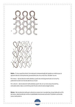 137
Malha - É uma superfície têxtil,formadapelainterpenetraçãode laçadasoumalhasque se
apoiamlateral e verticalmente,provenientesde umoumaisfios.Dividem-se em:
Por trama – sãotecidosde malhaobtidosa partirdo entrelaçamentode umúnicofio,
podendoresultarnumtecidoabertooucircular
Por urdume – são tecidosde malhaobtidosapartir de um ou maisconjuntosde fios,
colocadosladoa lado,à semelhançadosfiosde urdume datecelagemplana.
Mistos- São tecidosde malhapor urdume outrama com inserção(lay-in) periódicade umfio
de trama, objetivandodarmelhorestabilidade dimensional aotecido.Étambémconhecido
como malhalaid-in.
 