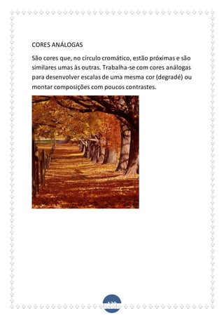 139
CORES ANÁLOGAS
São cores que, no círculo cromático, estão próximas e são
similares umas às outras. Trabalha-se com cores análogas
para desenvolver escalasde uma mesma cor (degradé) ou
montar composições com poucos contrastes.
 