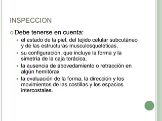 INSPECCION Debe tenerse en cuenta:el estado de la piel, del tejido celular subcutáneo y de las estructuras musculosqueléticas, su configuración, que incluye la forma y la simetría de la caja torácica, la ausencia de abovedamiento o retracción en algún hemitóraxla evaluación de la forma, la dirección y los movimientos de las costillas y los espacios intercostales.