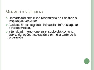 Murmullo vesicularLlamado también ruido respiratorio de Laennec o respiración vesicular.Audible. En las regiones infraaxilar, infraescapular e infraclavicular.Intensidad: menor que en el soplo glótico; tono: grave; duración: inspiración y primera parte de la espiración.