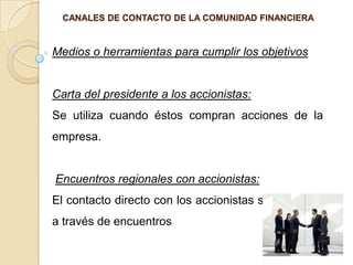 CANALES DE CONTACTO DE LA COMUNIDAD FINANCIERAMedios o herramientas para cumplir los objetivosCarta del presidente a los accionistas:Se utiliza cuando éstos compran acciones de la empresa.Encuentros regionales con accionistas:El contacto directo con los accionistas se producirá a través de encuentros