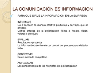 LA COMUNICACIÓN ES INFORMACIONPARA QUE SIRVE LA INFORMACION EN LA EMPRESA INFORMARDa a conocer de manera efectiva productos y servicios que se ofrecenUnifica criterios de la organización frente a misión, visión, valores y objetivos EVALUARResultados y procesosLa información permite ejercer control del proceso para detectar fallasSOBREVIVIREn un mercado competitivoACTUALIZARLos conocimientos de los miembros de la organización