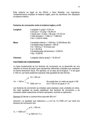 Este sistema es legal en los EEUU y Gran Bretaña. Los ingenieros
norteamericanos emplean el sistema inglés, pero los científicos han adoptado
el sistema métrico.
Factores de conversión entre el sistema Ingles y el SI
Longitud 1 pulgada (1 pulg) = 2,54 cm
1 pie (ps) = 12 pulg = 30,48 cm
1 yarda (yd) = 3 pies = 36 pulg = 91,44 cm
1 milla terrestre = 1.690 m = 1,960 Km
1 Km = 0,6214 millas
Masa 1 tonelada métrica = 1.000 Kg = 2.205 llibras (lb)
1 tonelada larga (inglesa) = 240 lb
1 lb = 453,6 g = 16 onzas (oz)
1 oz = 28,35 g
1 tonelada larga (americana) = 2.000 lb
1 Kg = 2,205 lb
Volumen 1 pulgada cúbica (pulg3
) = 16,39 cm3
FACTORES DE CONVERSION
La base fundamental de los factores de conversión es el desarrollo de una
relación en forma de factor para representar diferentes unidades que expresan
la misma dimensión física. Por ejemplo, en el caso de la longitud, 1 m es igual
a 100 cm, por tanto podemos expresar esta igualdad de dos formas:
1m / 100 cm
1m = 100 m Se puede leer un metro es igual a 100
1000 cm/1 m cm o 100 cm es igual a 1 m
Los factores de conversión se emplean para expresar unas unidades en otras.
De cada igualdad se puede establecer dos factores de conversión y es
necesario saber seleccionar el factor apropiado, durante su aplicación.
Ejemplo 9 Calcule a cuantos litros equivale 563 cm3
Solución: La igualdad que relaciona L y cm3
es 1L=1000 cm3
por tanto los
factores de conversión son:
1L / 100 cm
1L = 1000 cm3
1000 cm3
/1 L
10
 
